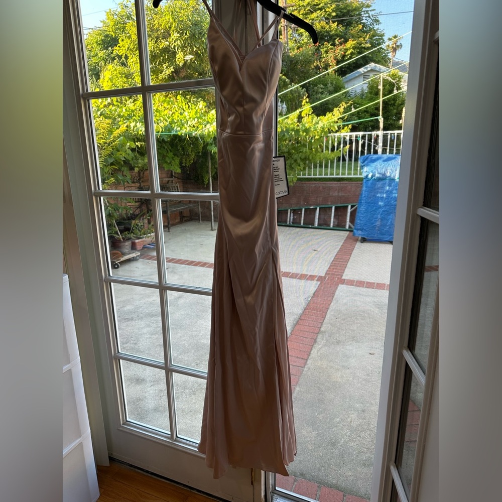 Nude Pink Straight Satin Gown by Sequin Hearts